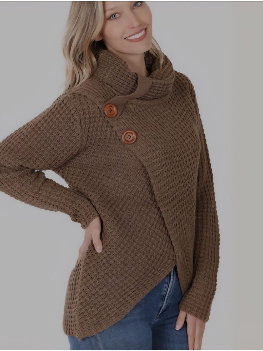 Zenana Wrap Asymmetrical Hem Sweater – Statement Cozy Vibes | Brown - Picture 1 of 2